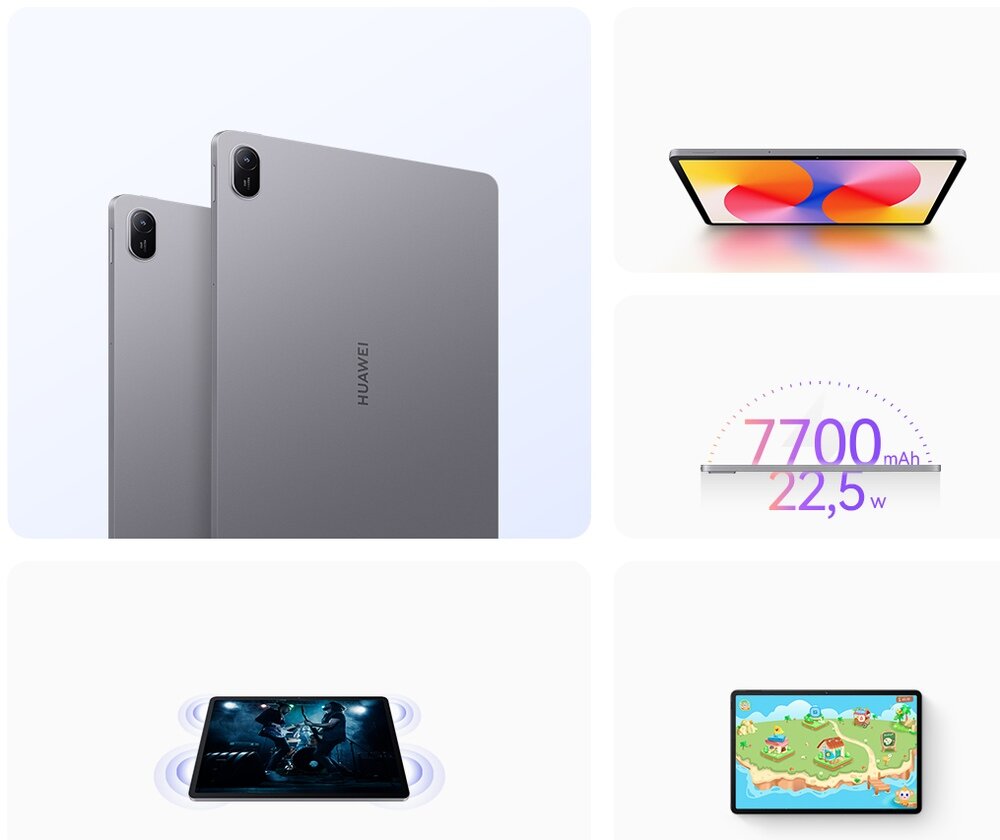 Obraz przedstawia szary tablet z logo HUAWEI, widoczny z tyłu i z boku. Na dodatkowych grafikach pokazano kolorowy ekran, specyfikację baterii 7700 mAh i 22,5 W, oraz przykładowe aplikacje na ekranie.