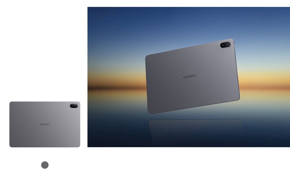 Tablet w kolorze szarym z logo HUAWEI na tylnej obudowie, widoczny na tle zachodzącego słońca. W górnym rogu znajduje się aparat fotograficzny.