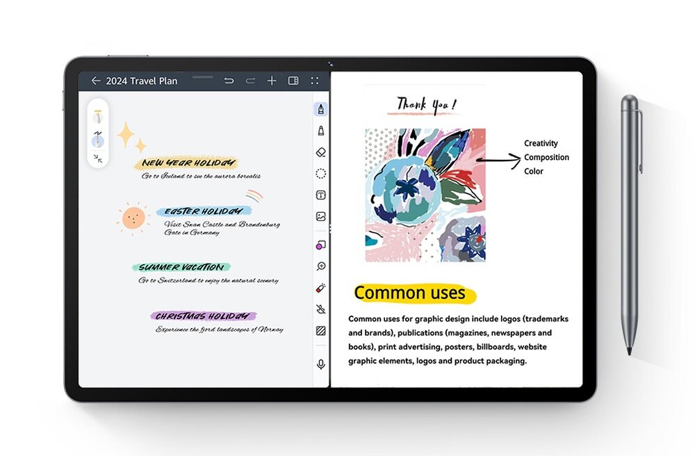 Tablet wyświetla notatki z planem podróży na 2024 rok oraz informacje o zastosowaniach graficznych. Obok tabletu znajduje się rysik.