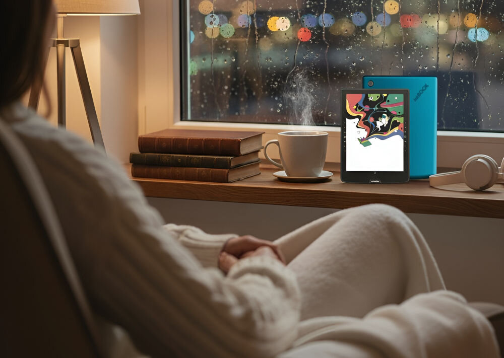 Czytnik e-booków INKBOOK Solaris Color 6 cali, Podświetlany ekran, Wi-Fi Turkusowy prezentacja czytnika w pokoju na parapecie obok książki kubek lampka przed kobieta siedząca na fotelu