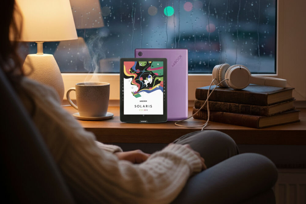 Czytnik e-booków INKBOOK Solaris Color 6 cali, Podświetlany ekran, Wi-Fi Fioletowy prezentacja czytnika w pokoju na parapecie obok książki kubek lampka przed kobieta siedząca na fotelu