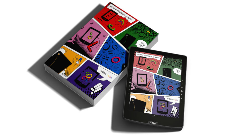 Czytnik e-booków INKBOOK Solaris Color 6 cali, Podświetlany ekran, Wi-Fi Żółty czytnik na białym tle obok książka z komiksami przekątna wysoka jakość dostęp do aplikacji