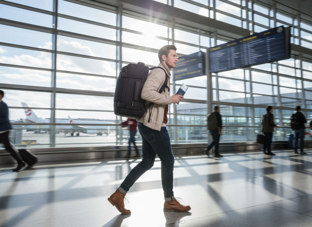 Plecak TECH-PROTECT Defender S41 Travel Laptop Ryanairwizzair 20L Czarny Mężczyzna w jasnej kurtce i dżinsach, niosący duży, czarny plecak na jednym ramieniu, przechodzi przez terminal lotniska. Trzyma paszport w ręce. W tle widoczne duże okna, pasażerowie i tablica odlotów.