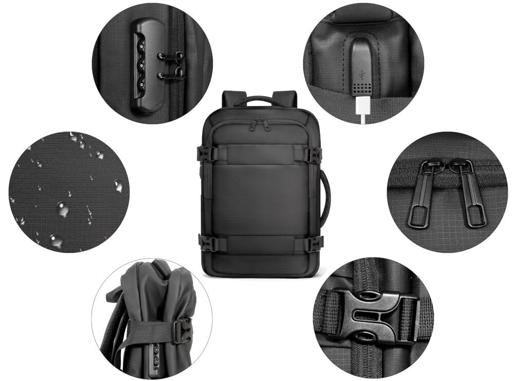 Plecak TECH-PROTECT Defender S41 Travel Laptop Ryanairwizzair 20L Czarny Czarny plecak podróżny w centrum, otoczony detalami w okręgach: szyfrowy zamek TSA, port USB do ładowania, wodoodporny materiał, zapięcie na klamrę oraz suwaki zamka błyskawicznego.