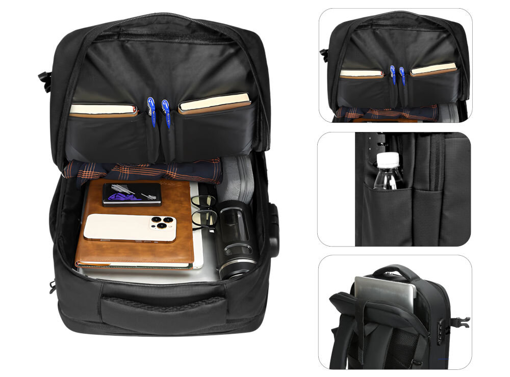 Plecak TECH-PROTECT Defender S41 Travel Laptop Ryanairwizzair 20L Czarny Wnętrze otwartego, czarnego plecaka, z widoczną przegrodą na laptopa, notatnikiem, okularami i zrolowaną koszulą. Małe wstawki pokazują kieszenie na długopisy i notatniki, boczna kieszeń na butelkę oraz tylna przegroda na laptopa.