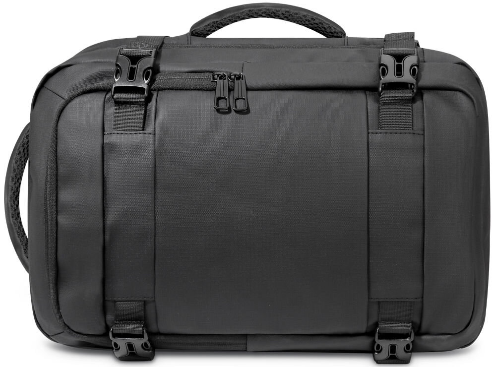 Plecak TECH-PROTECT Defender S41 Travel Laptop Ryanairwizzair 20L Czarny Czarny plecak podróżny widoczny od przodu, z dwiema klamrami kompresyjnymi po każdej stronie i podwójnymi zamkami błyskawicznymi na głównej komorze. Widoczny górny uchwyt do przenoszenia.