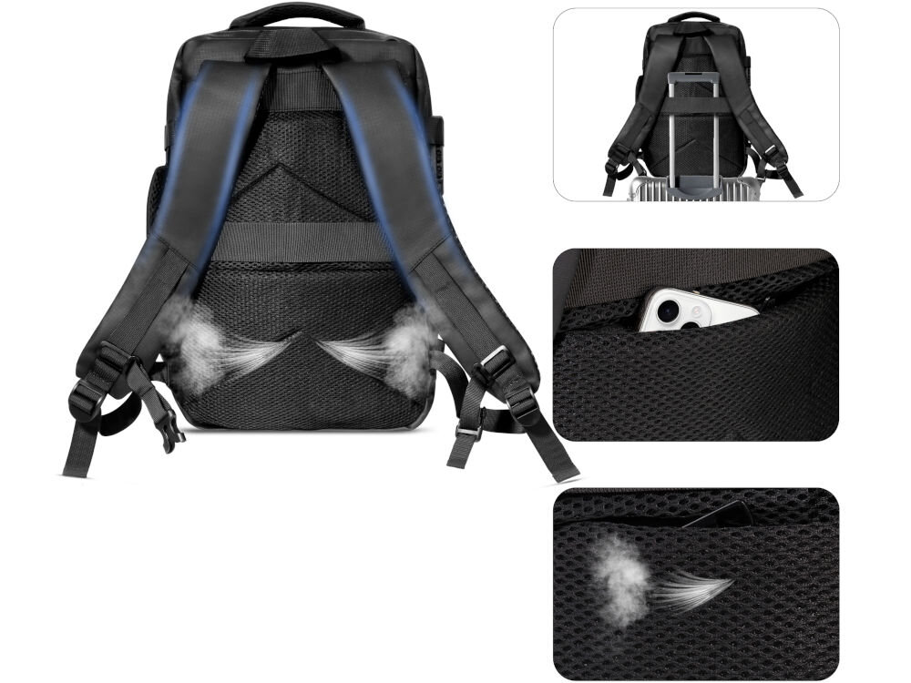 Plecak TECH-PROTECT Defender S41 Travel Laptop Ryanairwizzair 20L Czarny Tylna część czarnego plecaka ze wzmocnionymi, regulowanymi szelkami i oddychającą siatkową wyściółką (zilustrowaną 'parą'). Wstawki pokazują: plecak mocowany do uchwytu walizki na kółkach, ukrytą kieszeń na telefon w siatce oraz zbliżenie oddychającego materiału.
