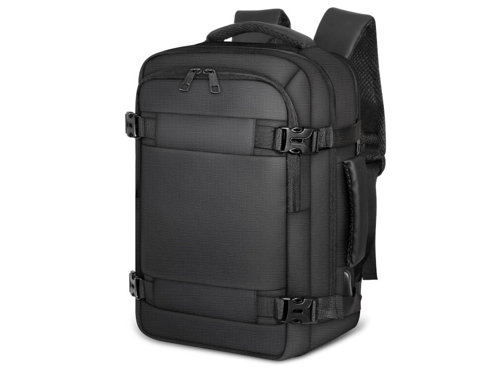 Plecak TECH-PROTECT Defender S41 Travel Laptop Ryanairwizzair 20L Czarny, prostokątny plecak podróżny widoczny z przodu i z boku. Posiada pionowy uchwyt, zapięcia kompresyjne z klamrami u góry i na dole oraz wyściełane szelki i siatkowy panel na plecach.