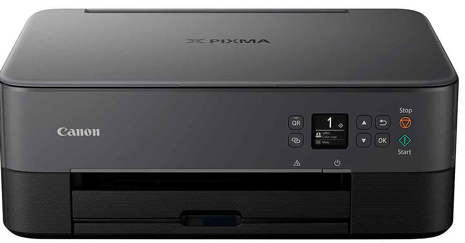 Czarne urządzenie wielofunkcyjne z widocznym logo Canon na obudowie. Panel sterowania zawiera przyciski i mały wyświetlacz z ikonami oraz tekstem \'1\' i \'Stop\'.