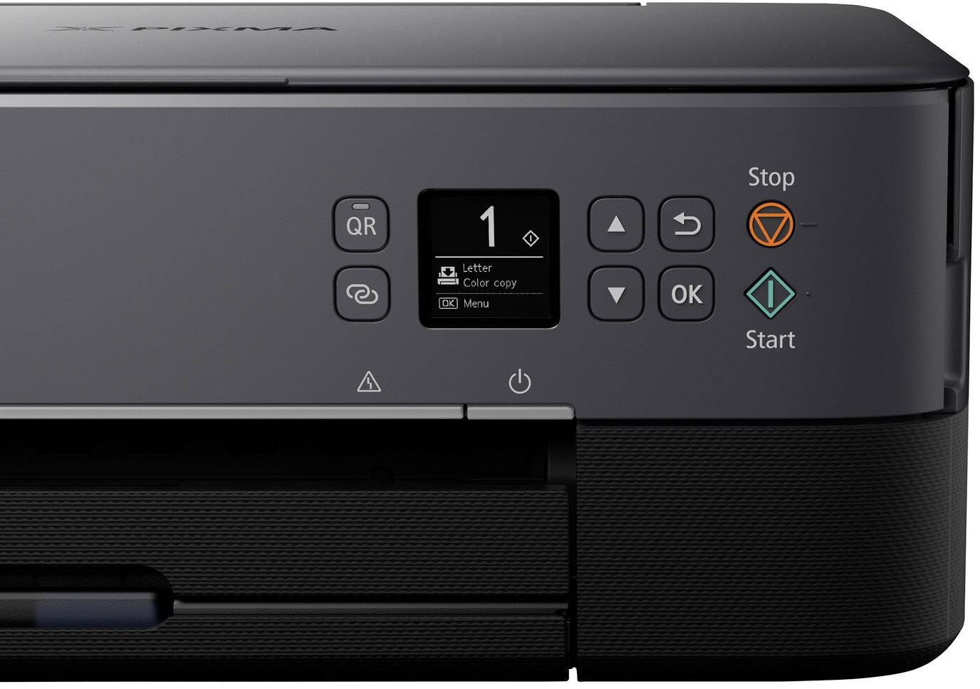 Panel sterowania urządzenia wielofunkcyjnego z wyświetlaczem pokazującym cyfrę \'1\' oraz tekst \'Letter Color copy OK Menu\'. Widoczne są przyciski z symbolami, w tym \'Stop\' i \'Start\'.