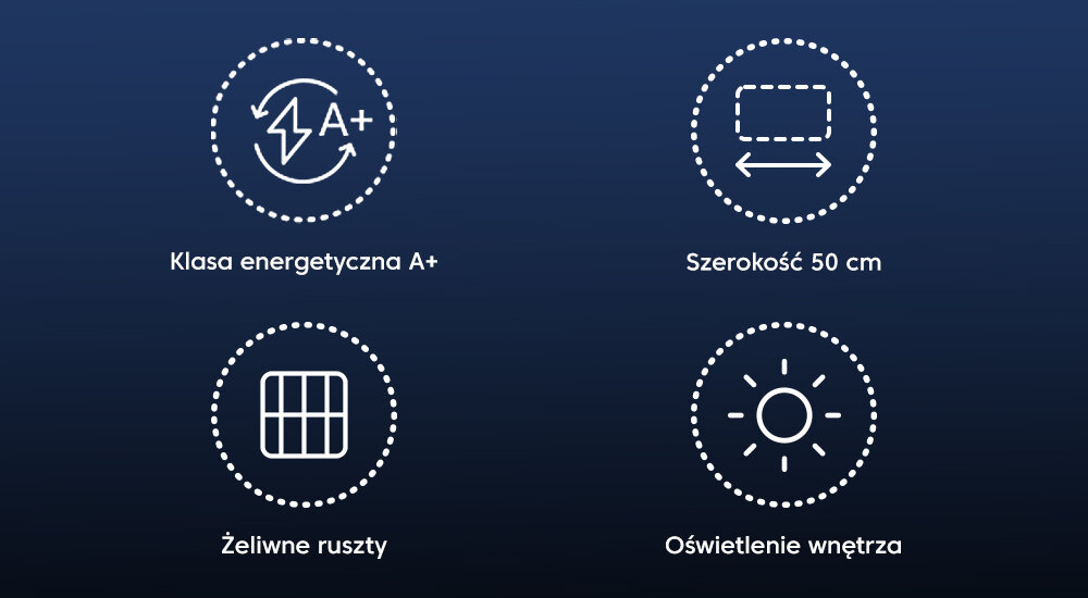 KUCHNIA BEKO FSM52339DB niebieskie tło ikony najważniejsze cechy wyróżniki funkcje szybkość wygoda komfort gotowania pieczenia zalety kuchni