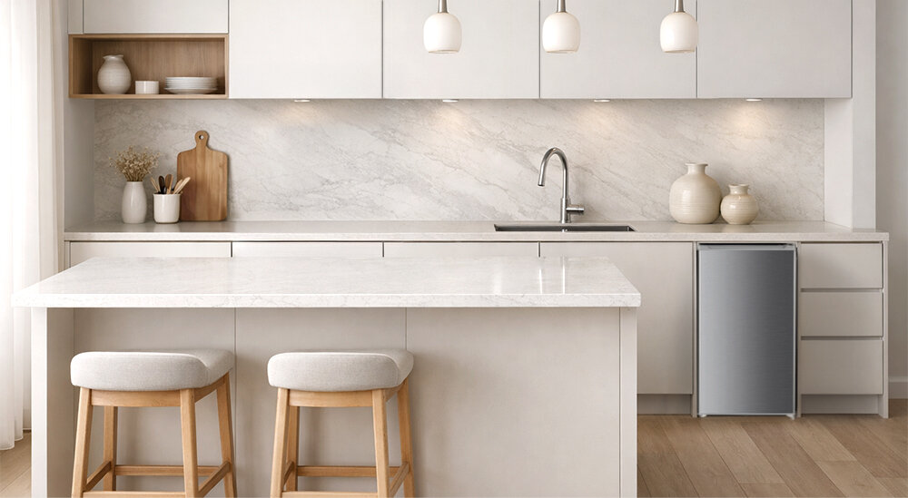 LODÓWKA BEKO RS9051PN Kuchnia z jasnym blatem prezentuje lodówkę wolnostojącą umieszczoną pod blatem po prawej stronie. Całość utrzymana jest w spójnej, jasnej kolorystyce mała lodówka z zamrażalnikiem kompaktowa lodówka do biura lodówka do małej kuchni oszczędność miejsca