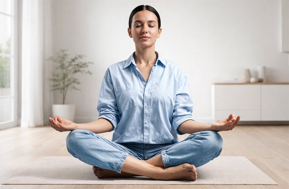 LODÓWKA BEKO RS9051PN Osoba siedzi na macie w pozycji medytacyjnej z dłońmi ułożonymi na kolanach. W tle widać jasne wnętrze z minimalistycznymi dekoracjami cicha lodówka 39 dB niski poziom hałasu lodówka do mieszkania komfort użytkowania