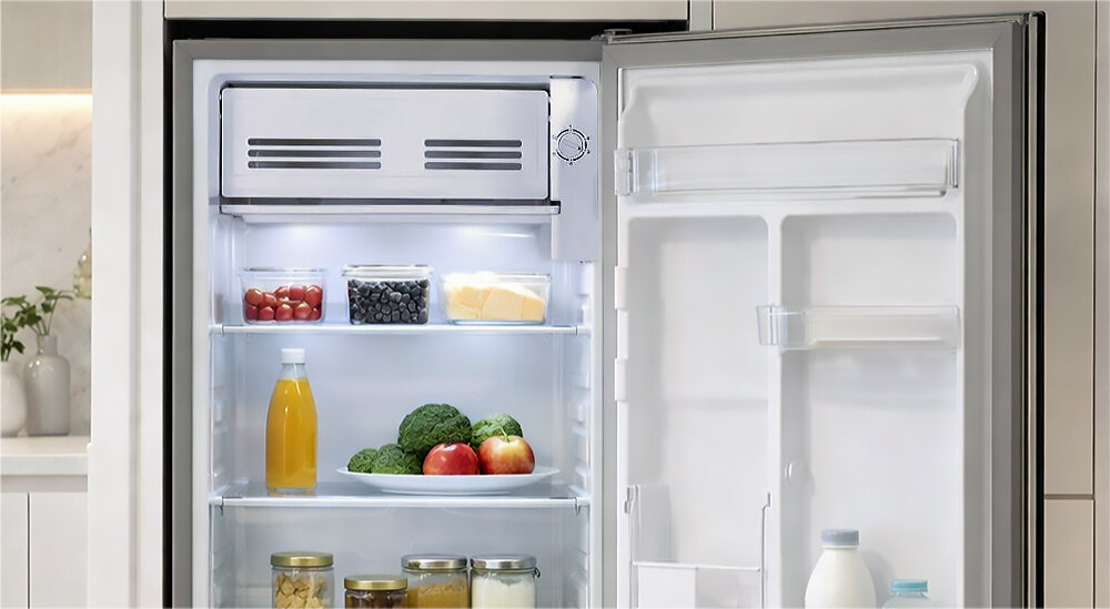 LODÓWKA BEKO RS9051PN Wnętrze lodówki wypełniają świeże produkty, takie jak warzywa, owoce, nabiał i napoje. Półki są równomiernie oświetlone, co podkreśla układ i pojemność urządzenia oświetlenie LED lodówka jasne produkty dostęp