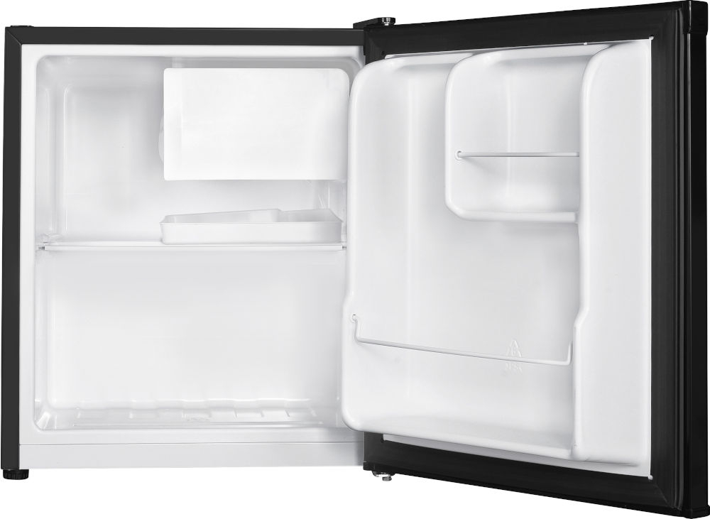 Lodówka GOTZE&JENSEN RB150K 51.5 cm Wnętrze pustej, otwartej lodówki kompaktowej z widoczną półką, zamrażalnikiem i przegrodami na drzwiach. 