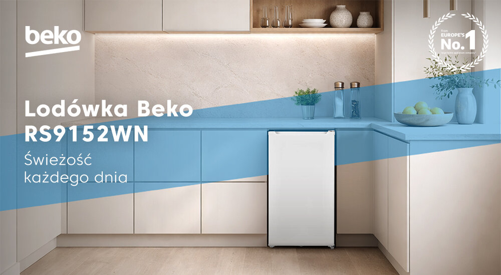 LODÓWKA BEKO RS9152WN Lodówka Beko RS9152WN została ustawiona w jasnej kuchni, a grafika podkreśla hasło „Świeżość każdego dnia”. Obok widoczne jest oznaczenie potwierdzające jej popularność w Europie