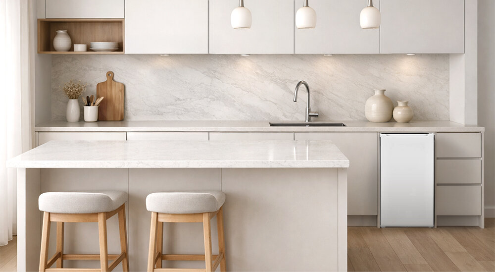 LODÓWKA BEKO RS9152WN Kuchnia z jasnym blatem prezentuje lodówkę wolnostojącą umieszczoną pod blatem po prawej stronie. Całość utrzymana jest w spójnej, jasnej kolorystyce mała lodówka z zamrażalnikiem kompaktowa lodówka do biura lodówka do małej kuchni oszczędność miejsca