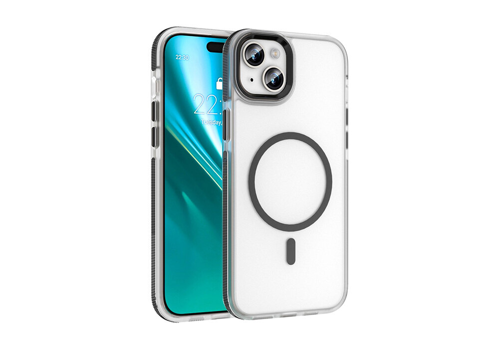 Na obrazie widoczne jest przezroczyste etui na telefon z czarnym okręgiem i pionowym paskiem na tylnej części. Obok etui znajduje się telefon z wyświetlaczem pokazującym godzinę 22:20 i datę Tuesday 22.