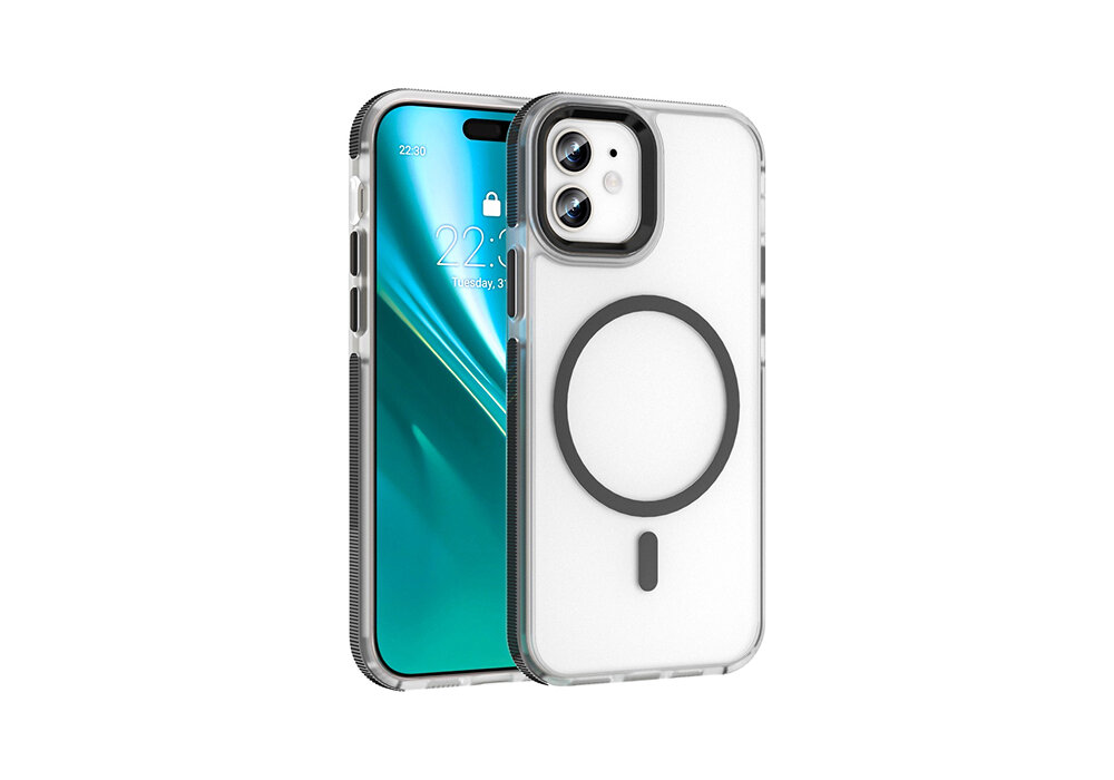 Na obrazie widoczne jest przezroczyste etui na telefon z czarnym okręgiem na tylnej części. Obok etui znajduje się telefon z wyświetlaczem pokazującym godzinę 22:30 i datę Tuesday 3.