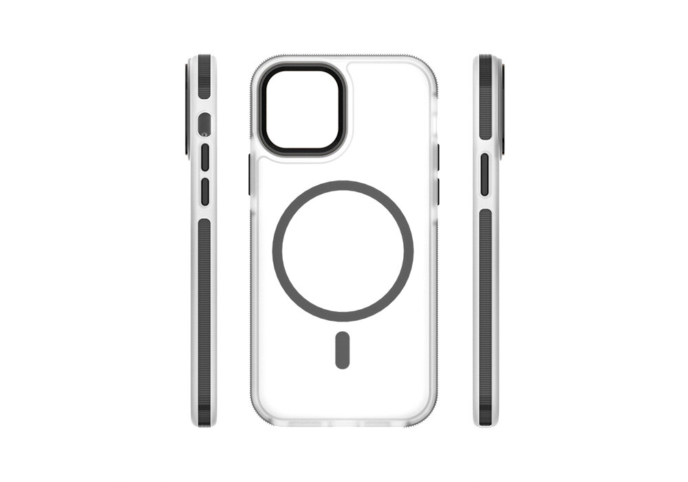 Obraz przedstawia przezroczyste etui na telefon z widocznym okrągłym wzorem i prostokątnym otworem na aparat. Etui jest pokazane z przodu i z boku, z widocznymi przyciskami i portami.