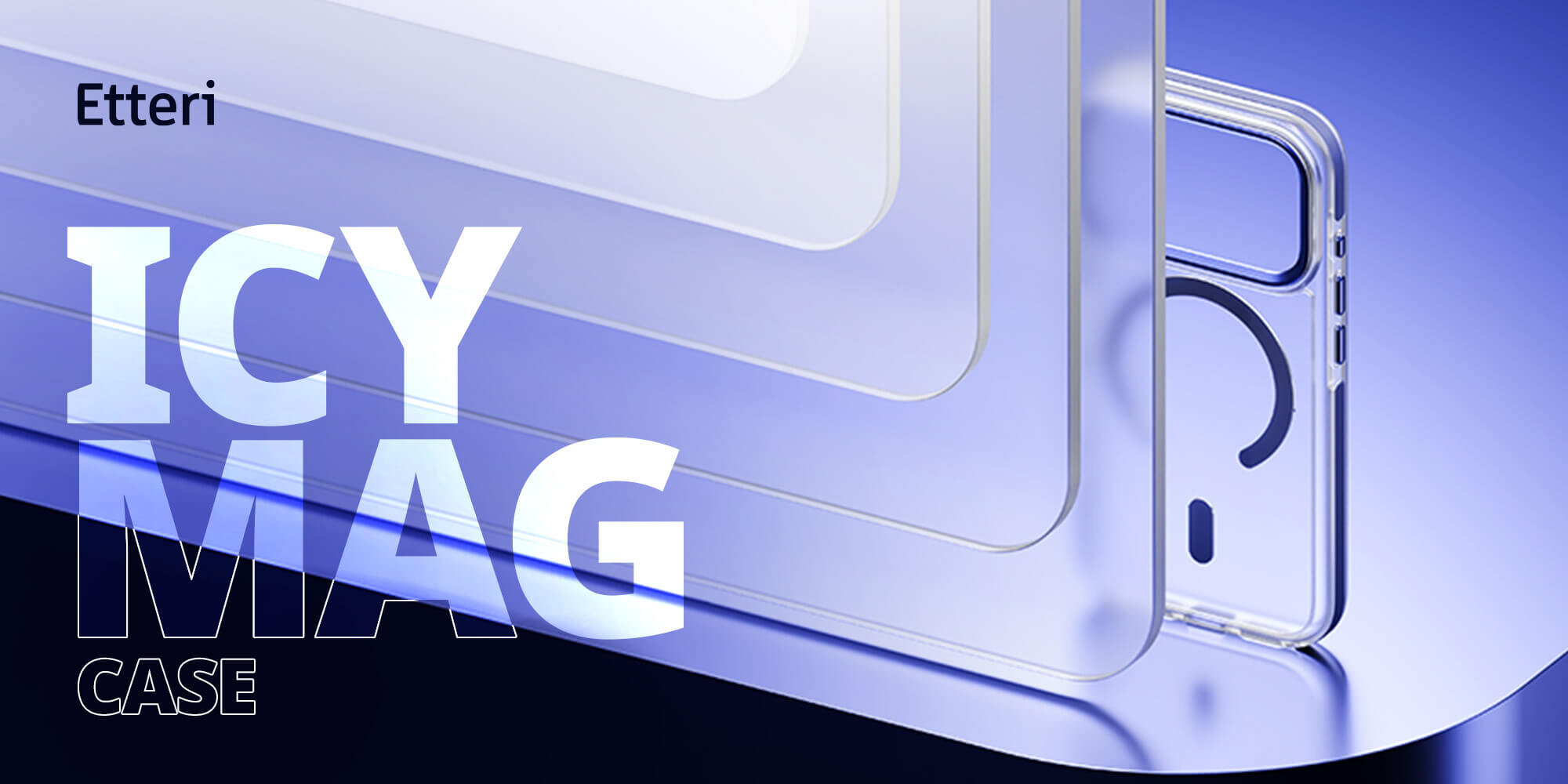 Obraz przedstawia przezroczyste etui na telefon z widocznym napisem \'Etteri ICY MAG CASE\'. Etui ma złoty odcień i jest pokazane na niebieskim tle.