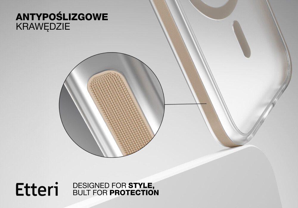 Obraz przedstawia przezroczyste etui z antypoślizgowymi krawędziami w kolorze złotym. Widoczny jest tekst: \'ANTYPOŚLIZGOWE KRAWĘDZIE\', \'Etteri\', \'DESIGNED FOR STYLE, BUILT FOR PROTECTION\'.
