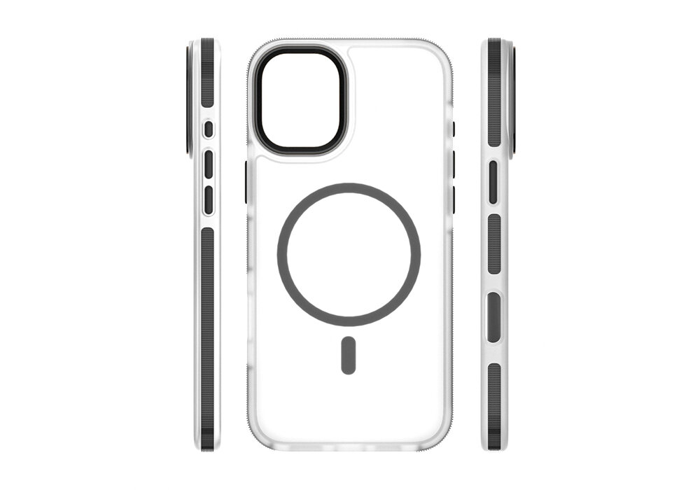 Przezroczyste etui z czarnym obramowaniem na aparat i dużym okręgiem z linią poniżej na tylnej części. Widoczne są przyciski boczne oraz otwory na porty.