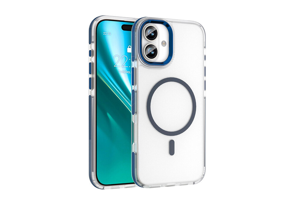 Na obrazie widoczne jest przezroczyste etui z niebieskimi akcentami, przeznaczone do telefonu z podwójnym aparatem. Etui ma okrągły wzór na tylnej części, sugerujący kompatybilność z technologią MagSafe.