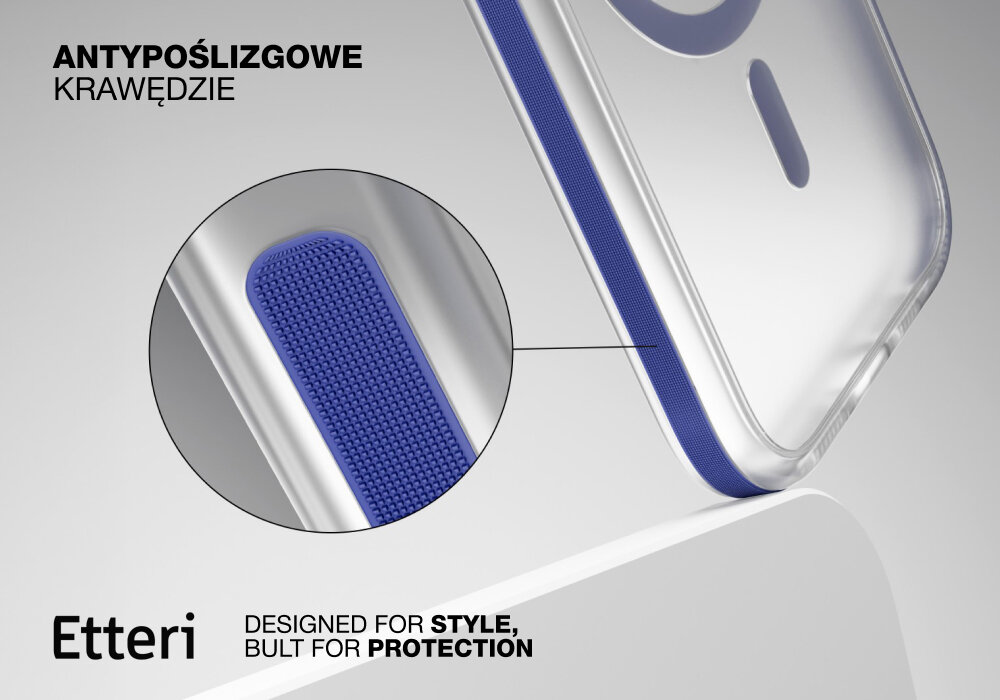 Obraz przedstawia przezroczyste etui z niebieskimi, antypoślizgowymi krawędziami. Widoczny jest tekst: \'ANTYPOŚLIZGOWE KRAWĘDZIE\', \'Etteri\', \'DESIGNED FOR STYLE, BUILT FOR PROTECTION\'.