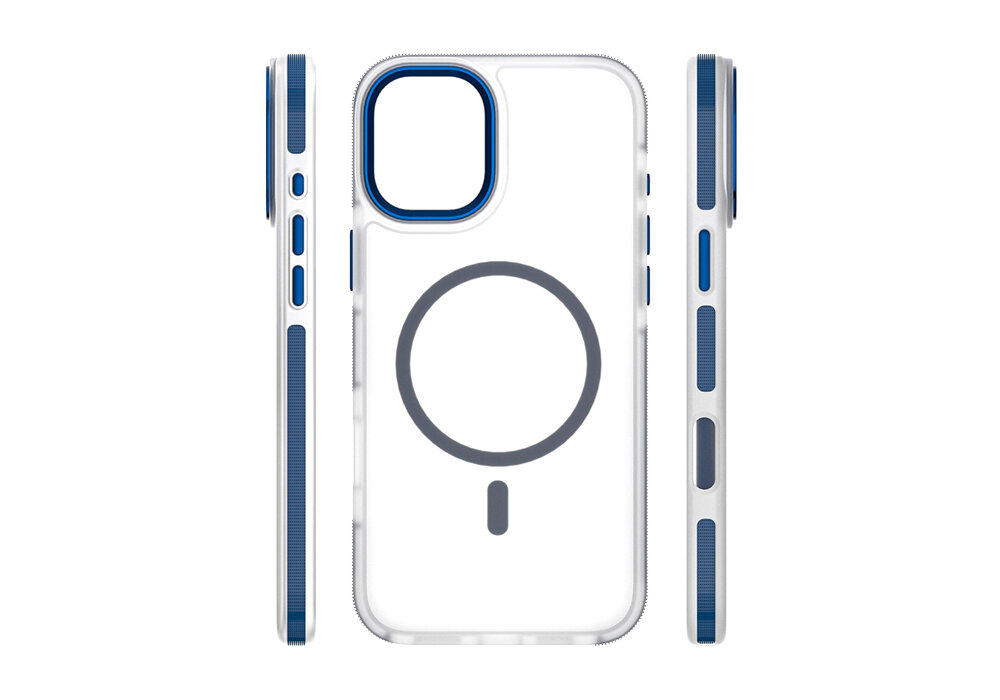 Przezroczyste etui z niebieskimi akcentami, posiada duży okrągły wzór na środku oraz wycięcie na aparat. Widoczne są przyciski boczne i otwory na porty.