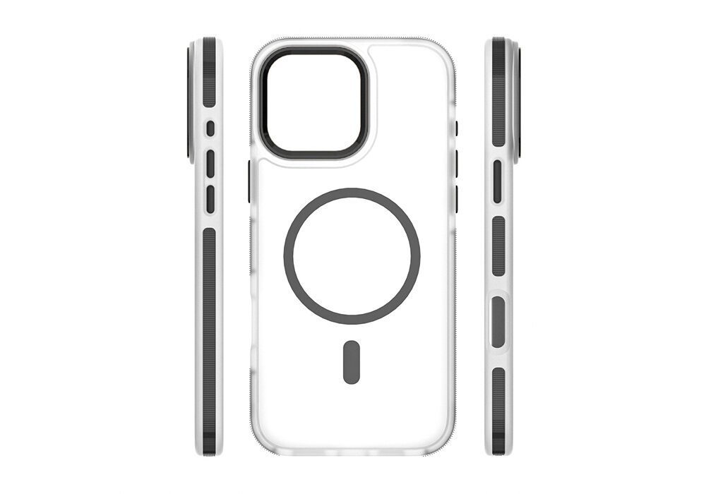 Przezroczyste etui z czarnymi elementami, widoczne z przodu i z boku, z dużym okręgiem i mniejszym prostokątem na tylnej części. Etui ma wycięcia na przyciski i aparat.