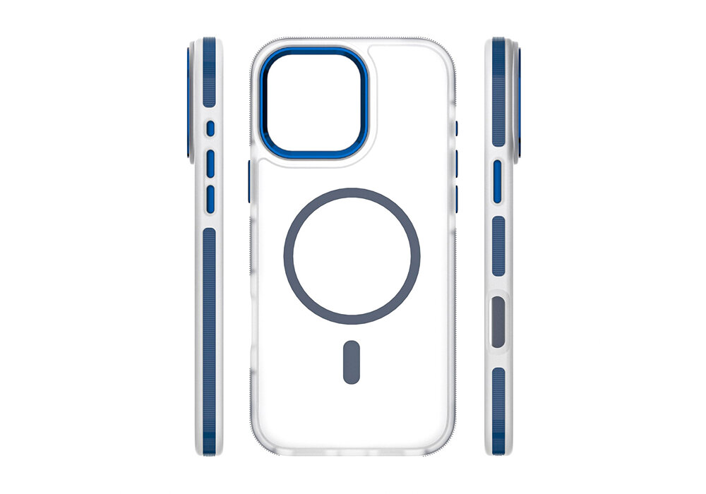 Przezroczyste etui z niebieskimi akcentami, widoczne z przodu i z boków, z dużym okręgiem i mniejszym prostokątem na tylnej części.