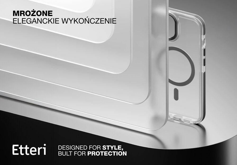 Obraz przedstawia przezroczyste etui na telefon z widocznym okrągłym wzorem. Na obrazie znajduje się tekst: \'MROŻONE ELEGANCKIE WYKOŃCZENIE\', \'Etteri\', \'DESIGNED FOR STYLE, BUILT FOR PROTECTION\'.