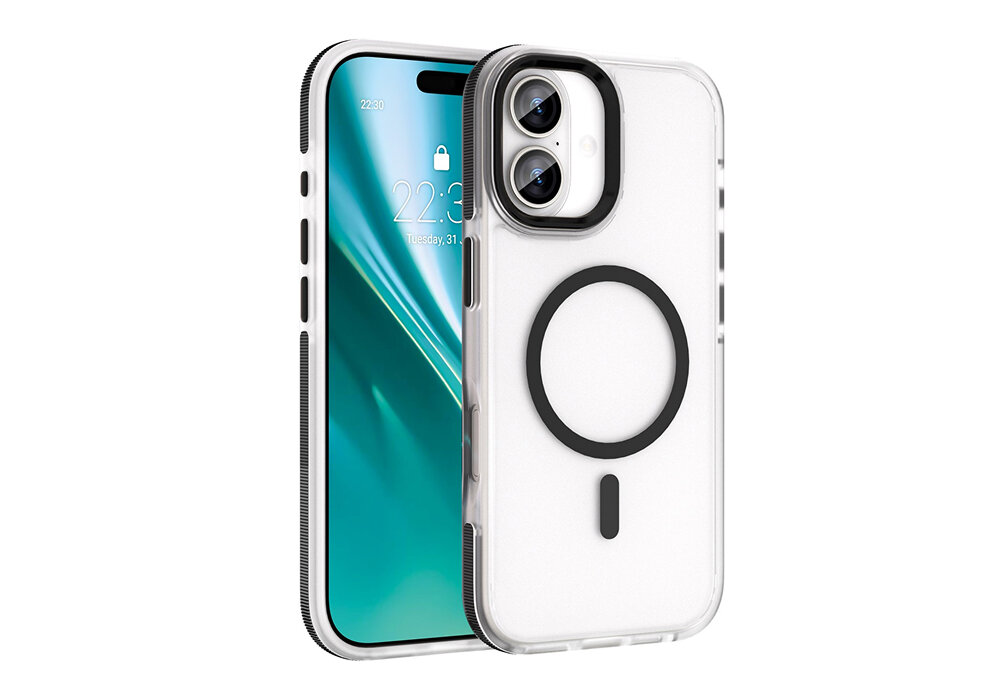 Etui ETTERI Icy Mag do Apple iPhone 17 Czarno-przezroczysty, obudowa, etui, ochrona, elegancja, Etui Etterii Icy Mag nałożone na iPhone 17 Pro Max – widok przód i tył, matowe przezroczyste plecki, pierścień MagSafe, duże wycięcie na aparaty.
