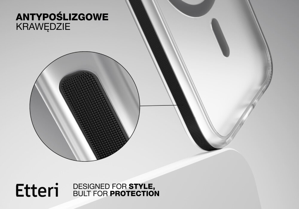 Etui ETTERI Icy Mag do Apple iPhone 17 Czarno-przezroczysty, MagSafe, magnes, ładowanie, stabilność,  Dwa etui Etterii Icy Mag na różnych płaszczyznach w ekspozycji produktowej, ukazano metalowe przyciski i wyspę aparatu.