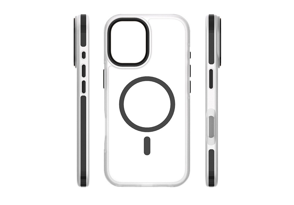 Etui ETTERI Icy Mag do Apple iPhone 17 Czarno-przezroczysty, metaliczne, precyzja, podwyższenie, przyciski, Etui Etterii Icy Mag przedstawione z przodu oraz z obu boków – widać przyciski, ranty oraz wycięcie na kamerę.