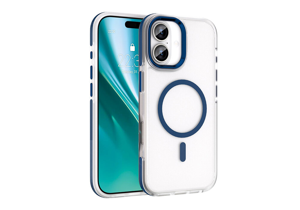 Etui ETTERI Icy Mag do Apple iPhone 17 Niebiesko-przezroczysty, obudowa, etui, ochrona, elegancja, Etui Etterii Icy Mag nałożone na iPhone 17 Pro Max – widok przód i tył, matowe przezroczyste plecki, pierścień MagSafe, duże wycięcie na aparaty.