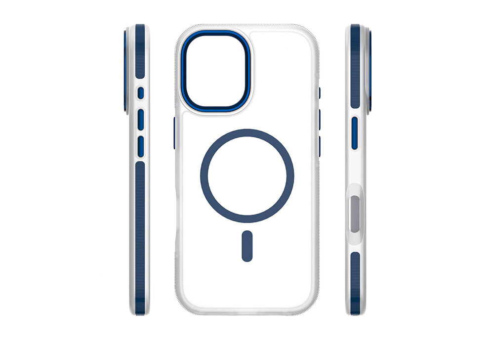 Etui ETTERI Icy Mag do Apple iPhone 17 Niebiesko-przezroczysty, metaliczne, precyzja, podwyższenie, przyciski, Etui Etterii Icy Mag przedstawione z przodu oraz z obu boków – widać przyciski, ranty oraz wycięcie na kamerę.