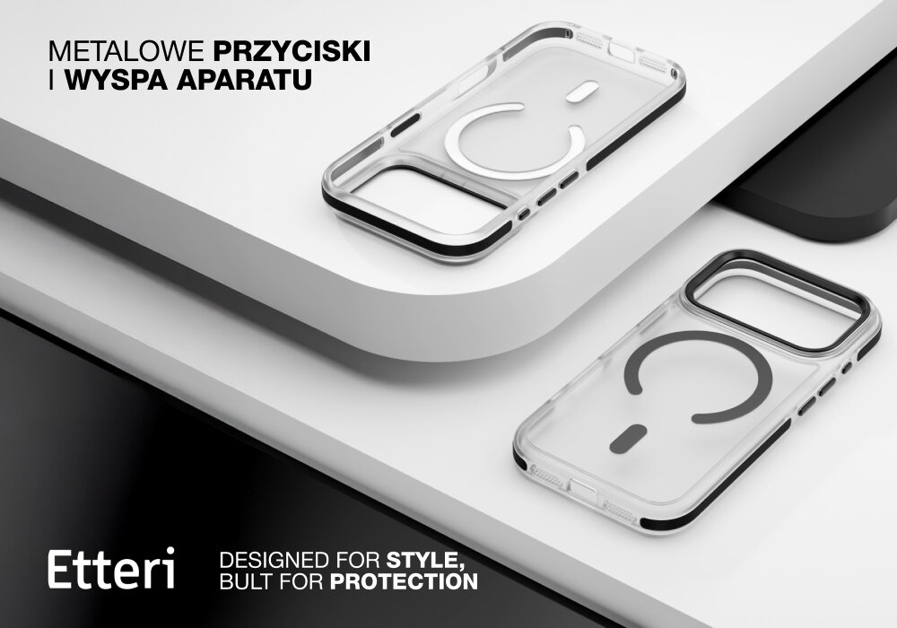 Etui ETTERI Icy Mag do Apple iPhone 17 Pro Max Czarno-przezroczysty, MagSafe, magnes, ładowanie, stabilność,  Dwa etui Etterii Icy Mag na różnych płaszczyznach w ekspozycji produktowej, ukazano metalowe przyciski i wyspę aparatu.