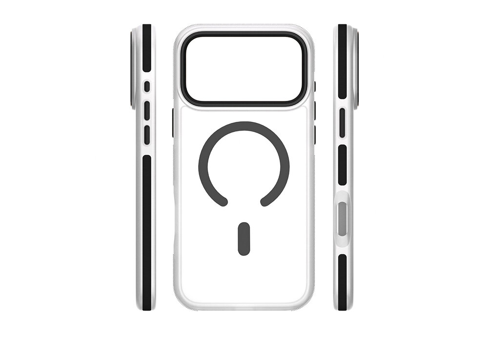 Etui ETTERI Icy Mag do Apple iPhone 17 Pro Max Czarno-przezroczysty, metaliczne, precyzja, podwyższenie, przyciski, Etui Etterii Icy Mag przedstawione z przodu oraz z obu boków – widać przyciski, ranty oraz wycięcie na kamerę.
