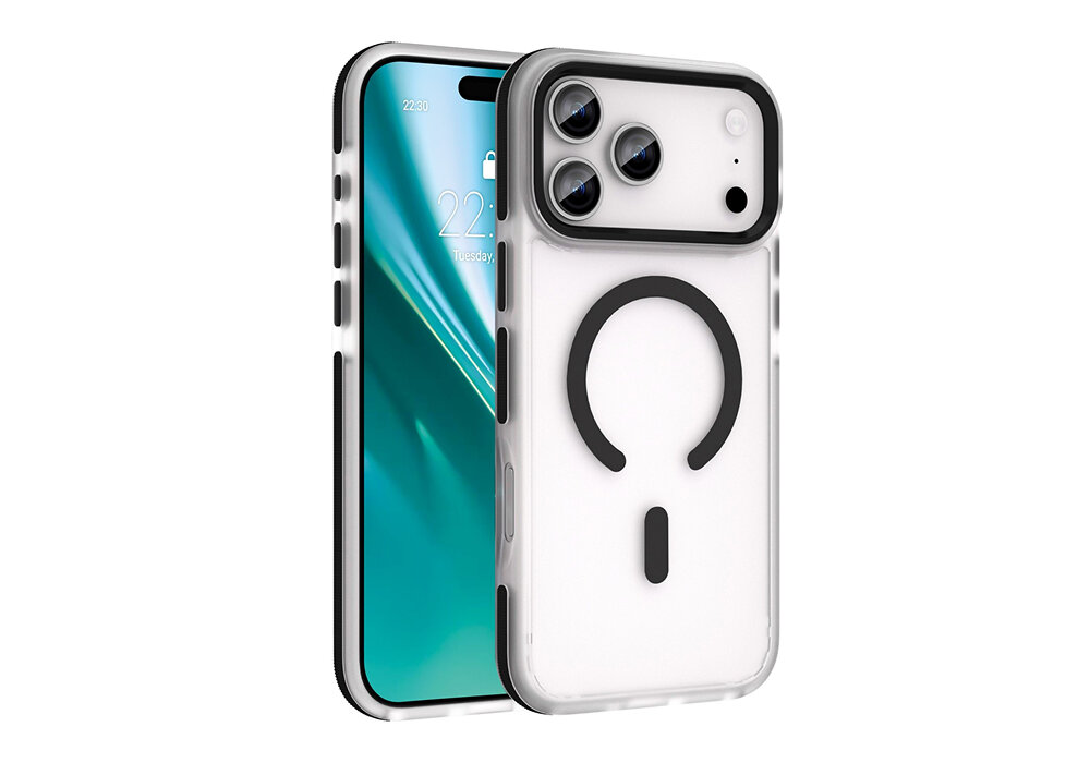 Etui ETTERI Icy Mag do Apple iPhone 17 Pro Czarno-przezroczysty, obudowa, etui, ochrona, elegancja, Etui Etterii Icy Mag nałożone na iPhone 17 Pro Max – widok przód i tył, matowe przezroczyste plecki, pierścień MagSafe, duże wycięcie na aparaty.