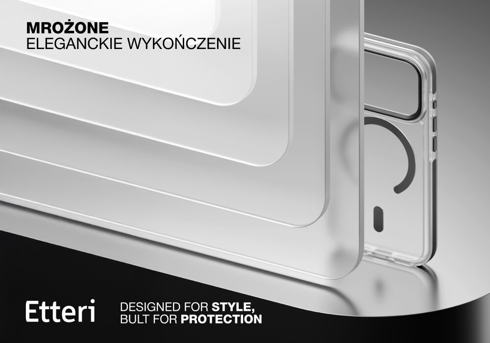 Etui ETTERI Icy Mag do Apple iPhone 17 Pro Czarno-przezroczysty, mat, przezroczystość, elastyczność, ochrona, Zbliżenie na warstwowe, matowe, przezroczyste panele imitujące efekt mrożenia oraz fragment etui Etterii Icy Mag.