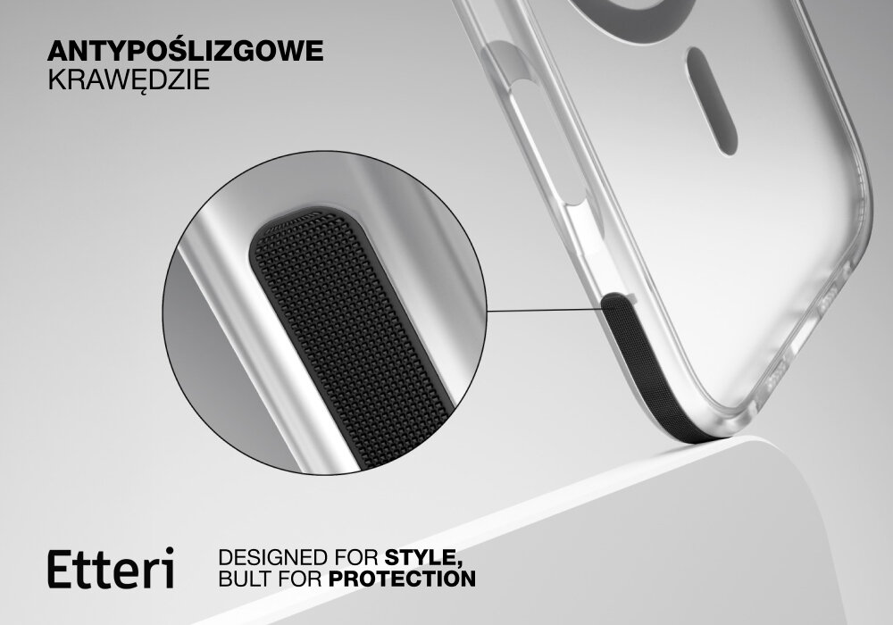 Etui ETTERI Icy Mag do Apple iPhone 17 Pro Czarno-przezroczysty, antypoślizg, 2 mm, ochrona, krawędzie, Zbliżenie na krawędź etui Etterii Icy Mag z antypoślizgowym wykończeniem, widoczne powiększenie struktury.