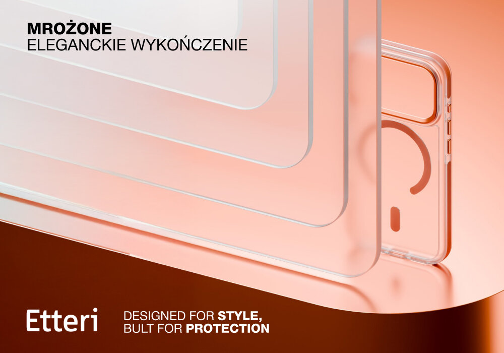 Etui ETTERI Icy Mag do Apple iPhone 17 Pro Max Pomarańczowo-przezroczysty, mat, przezroczystość, elastyczność, ochrona, Zbliżenie na warstwowe, matowe, przezroczyste panele imitujące efekt mrożenia oraz fragment etui Etterii Icy Mag.