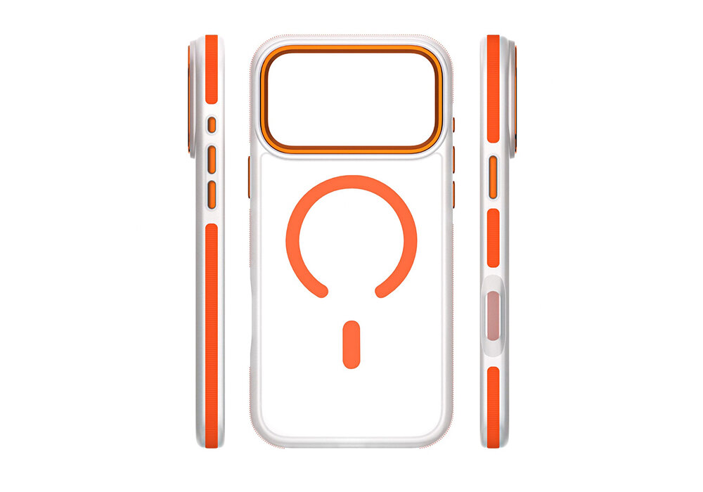 Etui ETTERI Icy Mag do Apple iPhone 17 Pro Max Pomarańczowo-przezroczysty, metaliczne, precyzja, podwyższenie, przyciski, Etui Etterii Icy Mag przedstawione z przodu oraz z obu boków – widać przyciski, ranty oraz wycięcie na kamerę.