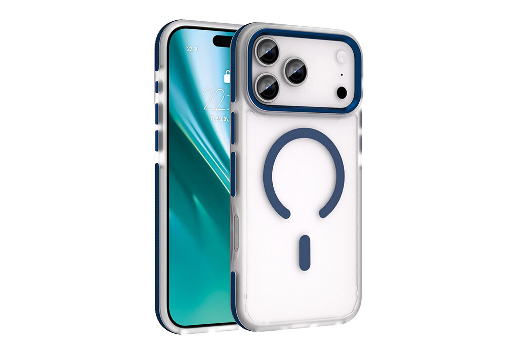 Etui ETTERI Icy Mag do Apple iPhone 17 Pro Niebiesko-przezroczysty, obudowa, etui, ochrona, elegancja, Etui Etterii Icy Mag nałożone na iPhone 17 Pro Max – widok przód i tył, matowe przezroczyste plecki, pierścień MagSafe, duże wycięcie na aparaty.