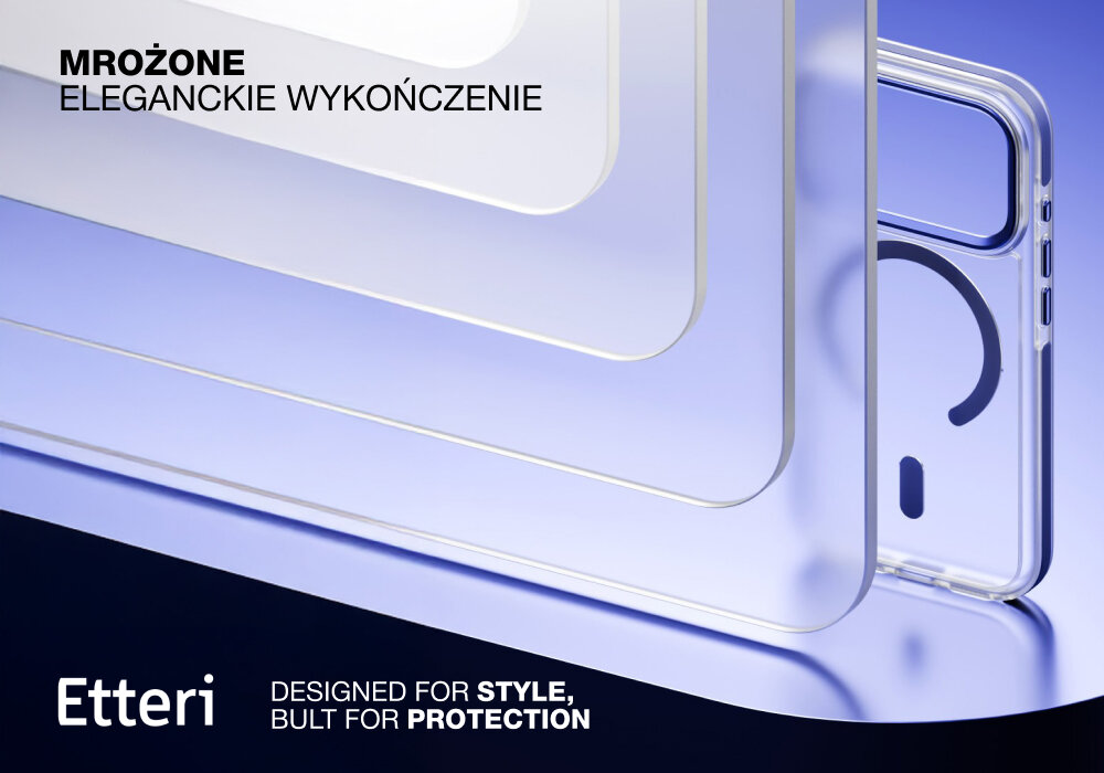 Etui ETTERI Icy Mag do Apple iPhone 17 Pro Niebiesko-przezroczysty, mat, przezroczystość, elastyczność, ochrona, Zbliżenie na warstwowe, matowe, przezroczyste panele imitujące efekt mrożenia oraz fragment etui Etterii Icy Mag.