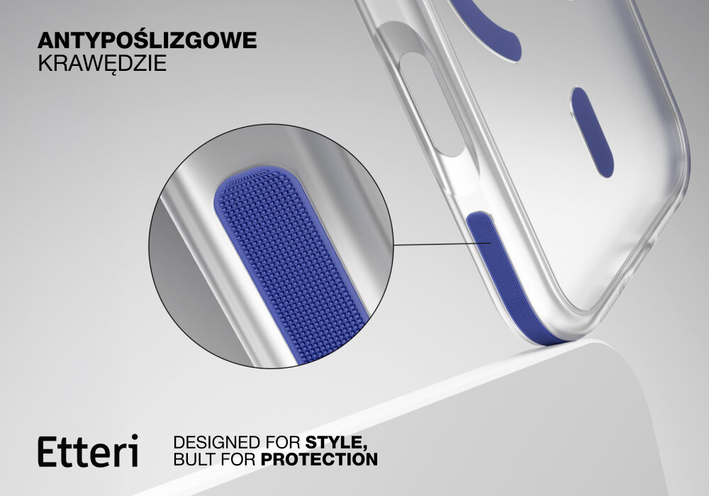 Etui ETTERI Icy Mag do Apple iPhone 17 Pro Niebiesko-przezroczysty, antypoślizg, 2 mm, ochrona, krawędzie, Zbliżenie na krawędź etui Etterii Icy Mag z antypoślizgowym wykończeniem, widoczne powiększenie struktury.