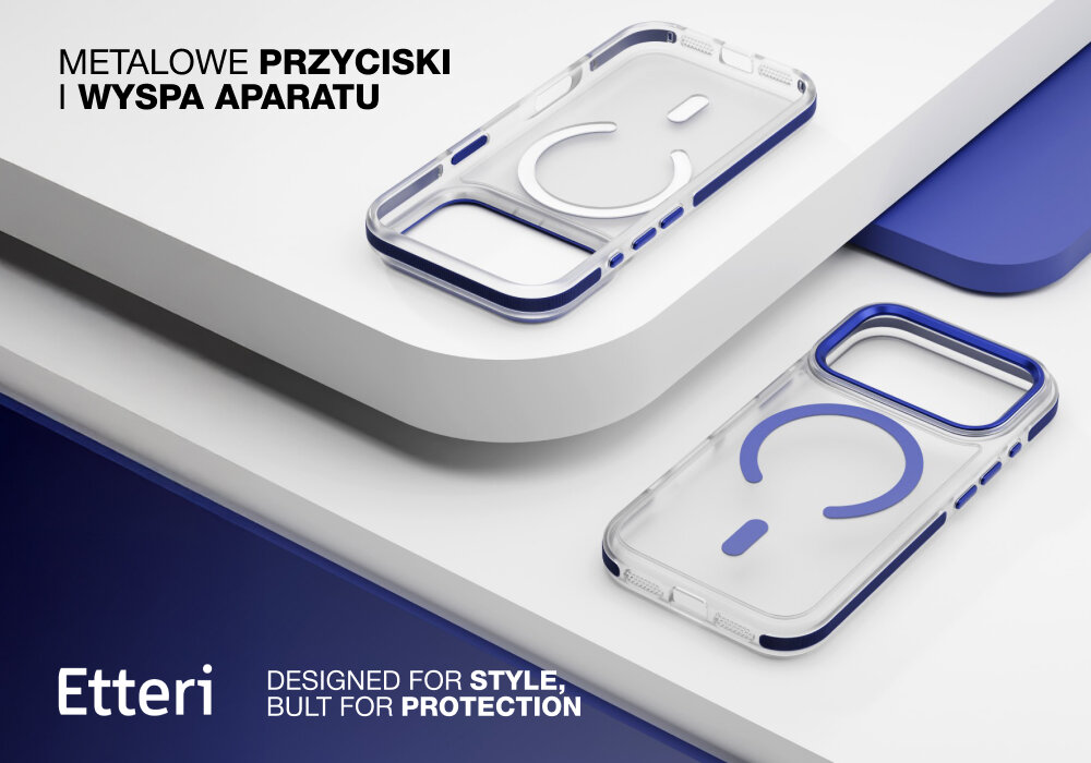 Etui ETTERI Icy Mag do Apple iPhone 17 Pro Niebiesko-przezroczysty, MagSafe, magnes, ładowanie, stabilność,  Dwa etui Etterii Icy Mag na różnych płaszczyznach w ekspozycji produktowej, ukazano metalowe przyciski i wyspę aparatu.
