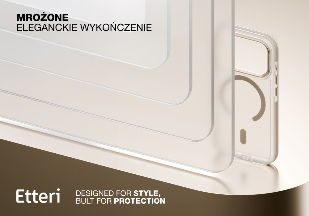 Etui ETTERI Icy Mag do Apple iPhone 17 Pro Max Złoto-przezroczysty, mat, przezroczystość, elastyczność, ochrona, Zbliżenie na warstwowe, matowe, przezroczyste panele imitujące efekt mrożenia oraz fragment etui Etterii Icy Mag.